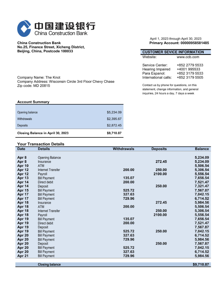 Modèle Word et PDF de relevé de compte professionnel de la banque China Construction